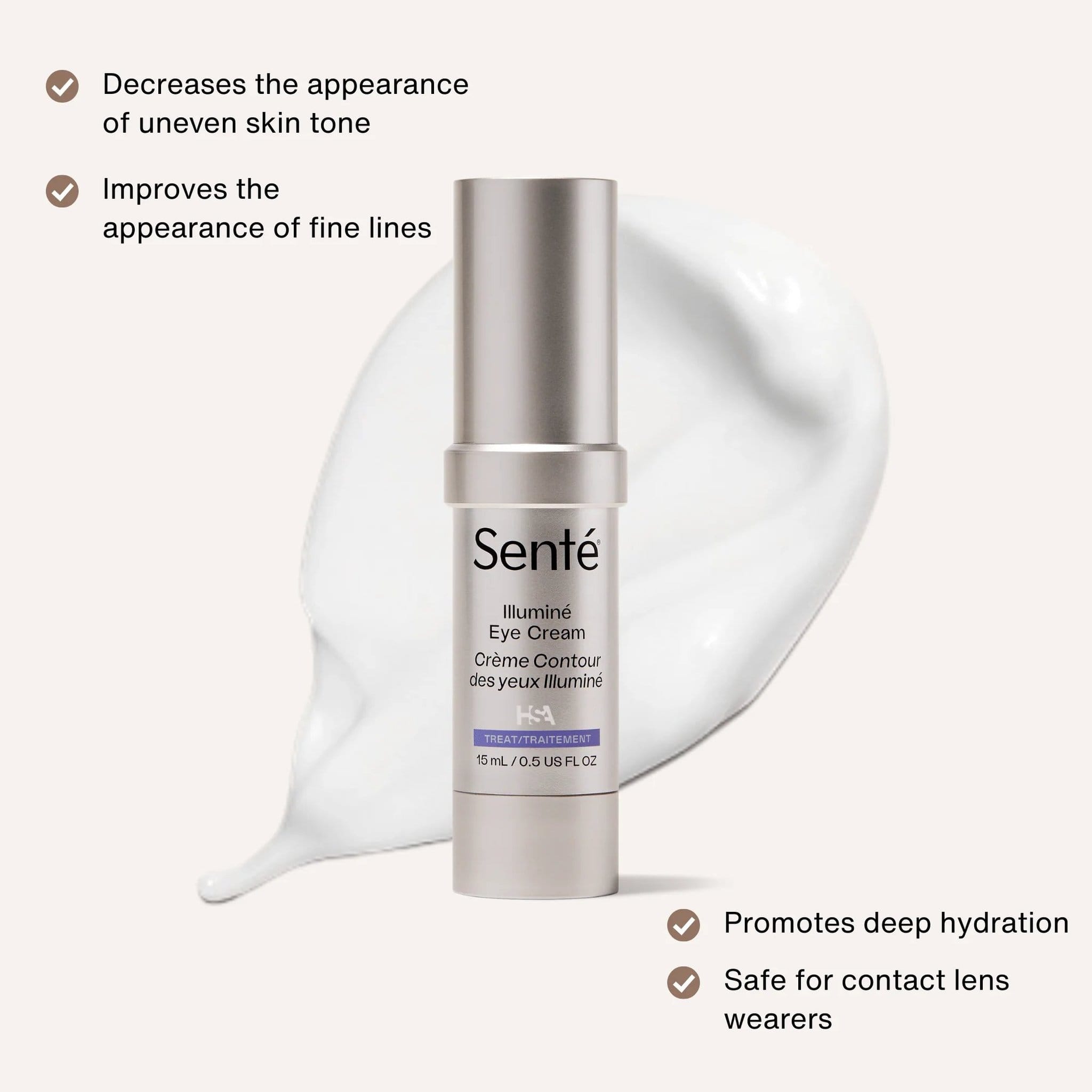 Senté Illuminé Eye Cream benefits including reduced uneven skin tone improved fine lines deep hydration and safe for contact lens wearers