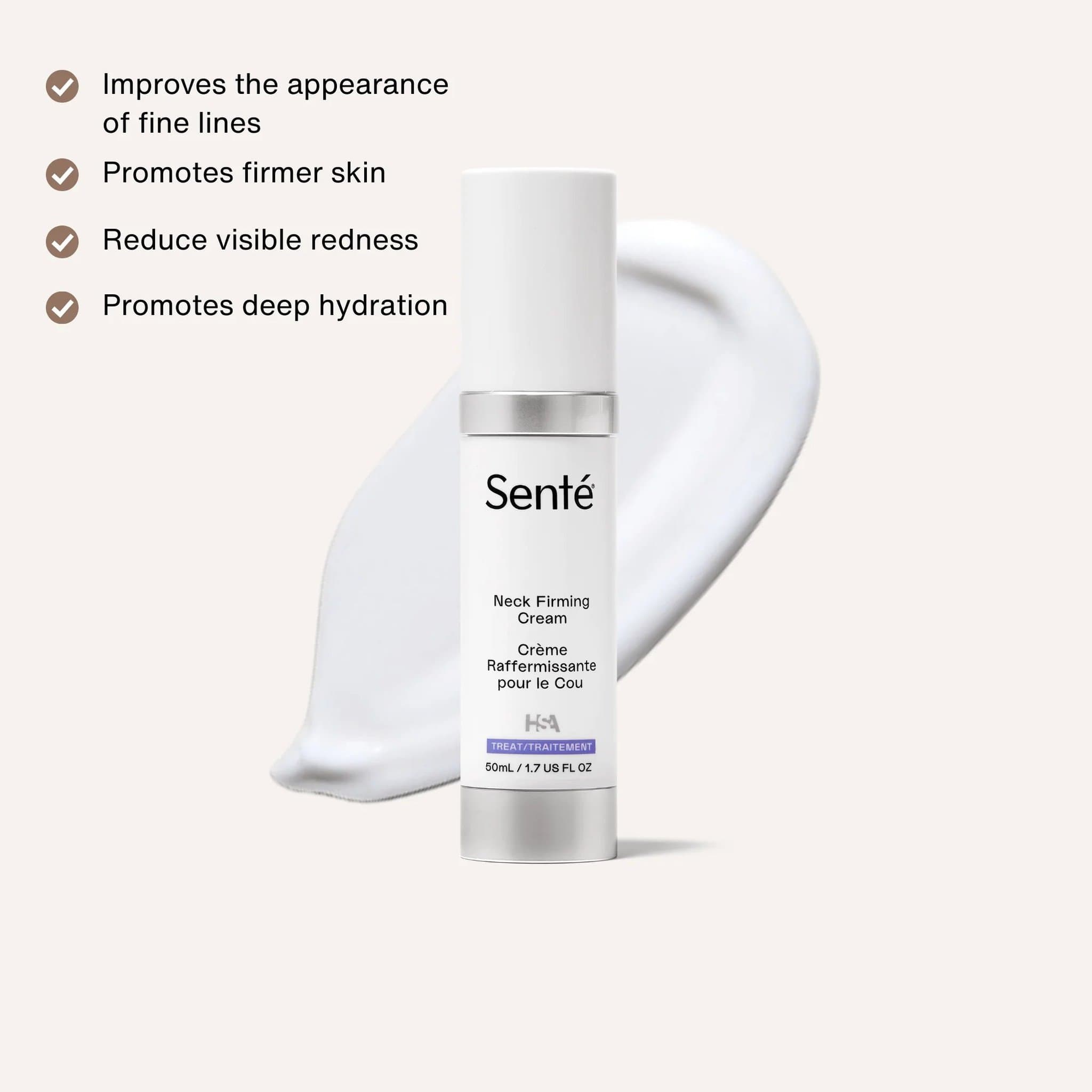 Senté Neck Firming Cream benefits including improved fine lines firmer skin reduced redness and deep hydration