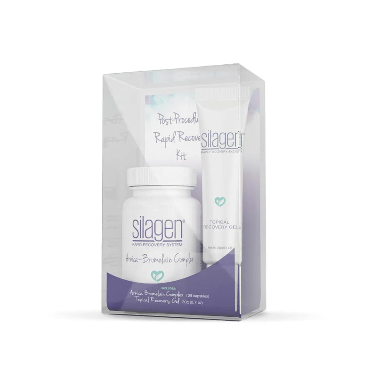 Silagen Post-Procedure Rapid Recovery Kit with Arnica-Bromelain Complex capsules and Topical Recovery Gel in clear box