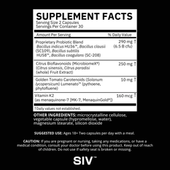 Supplement facts panel for SIV Biome Balance Within probiotic capsules