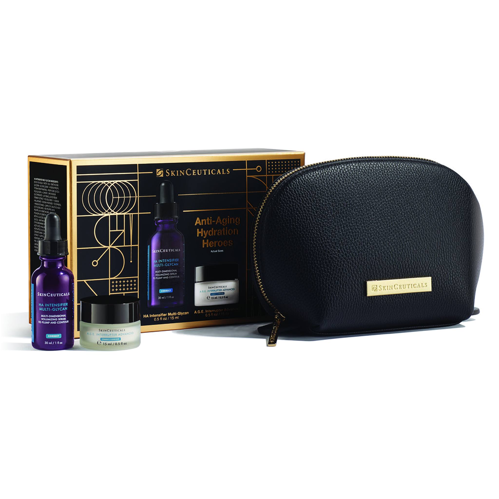 SkinCeuticals Anti-Aging Hydration Heroes gift set with HA Intensifier serum and A.G.E. Interrupter cream plus black pouch