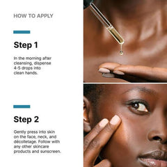 Applying vitamin C serum drops to face neck and decolletage