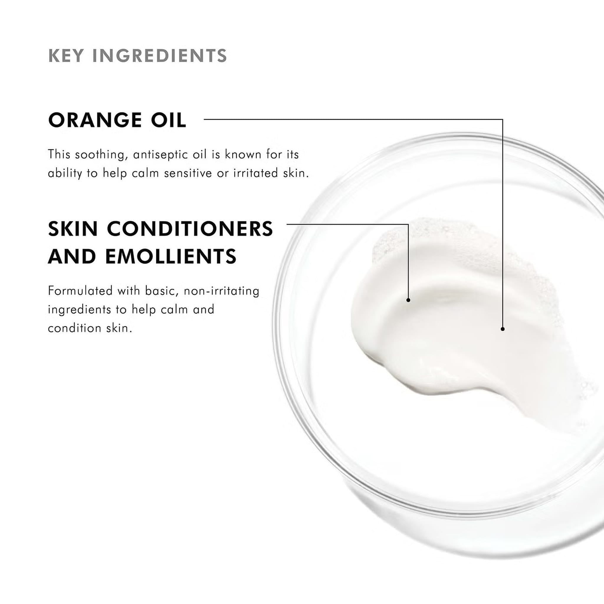 SkinCeuticals Gentle Cleanser Cream key ingredients orange oil and skin conditioners shown with cream swatch in glass dish