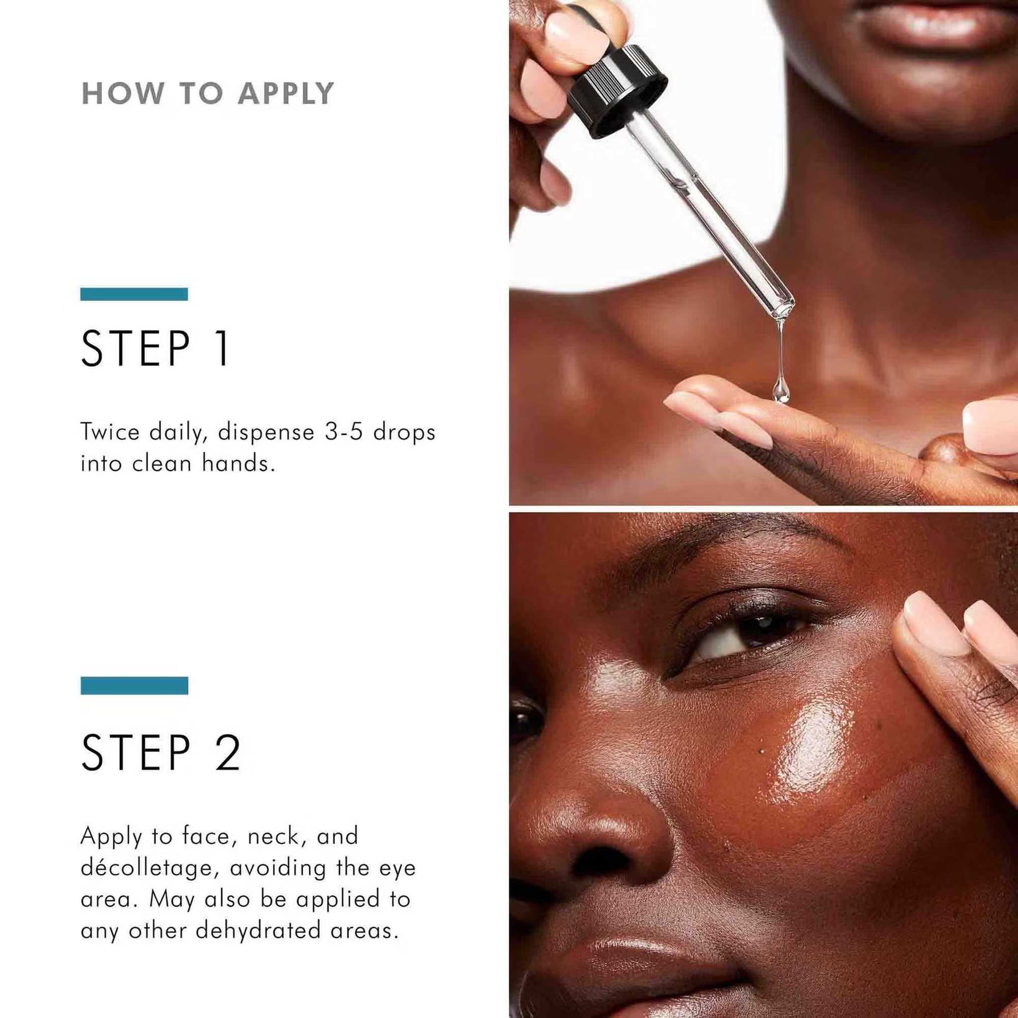 How to apply SkinCeuticals Hydrating B5 Gel: dispense 3-5 drops and apply to face, neck, and décolletage