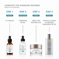 SkinCeuticals complete morning skincare regimen: C E Ferulic, Hydrating B5 Gel, Triple Lipid Restore, SPF 50