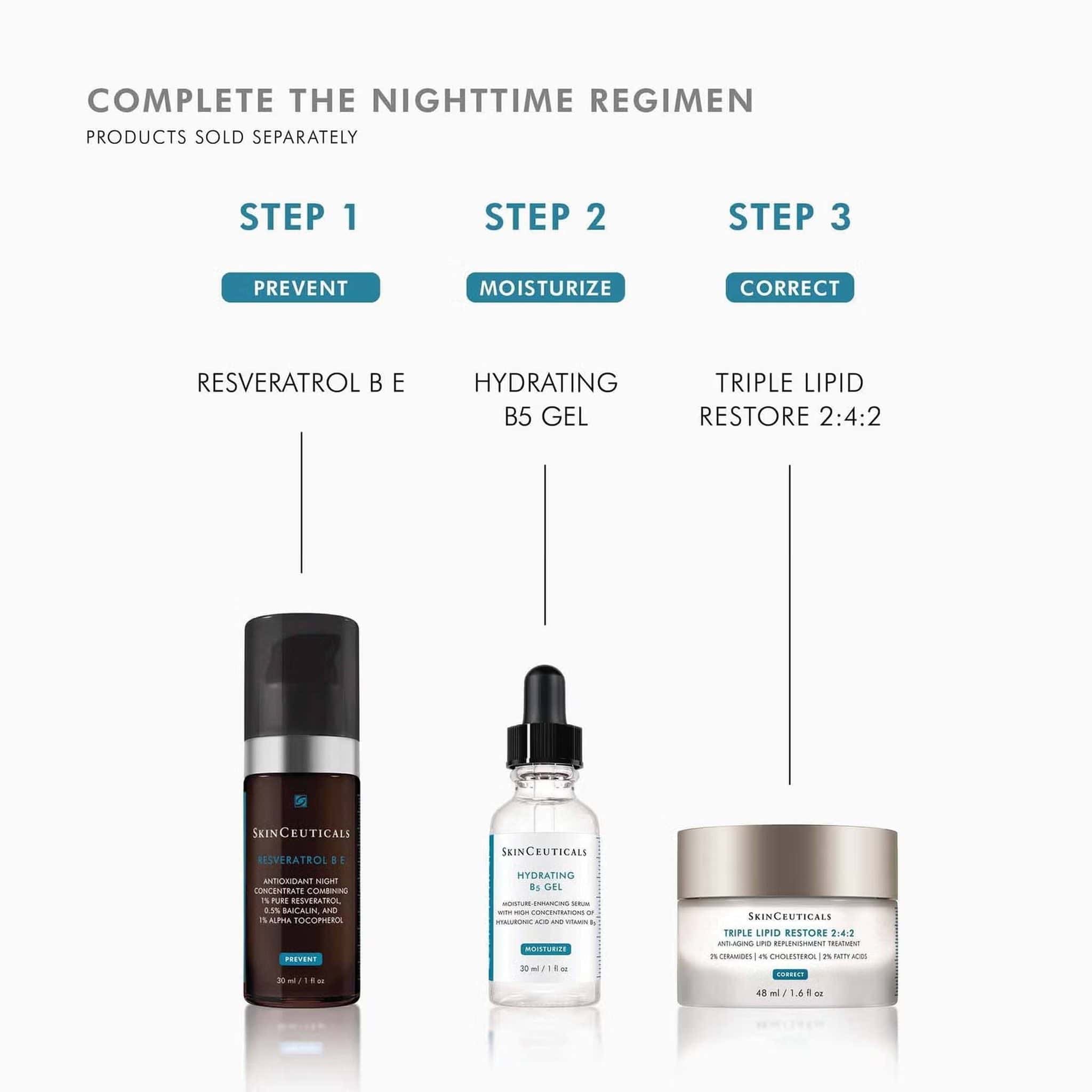 SkinCeuticals complete nighttime skincare routine: Resveratrol B E, Hydrating B5 Gel, Triple Lipid Restore