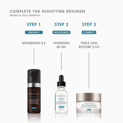 SkinCeuticals complete nighttime skincare routine: Resveratrol B E, Hydrating B5 Gel, Triple Lipid Restore