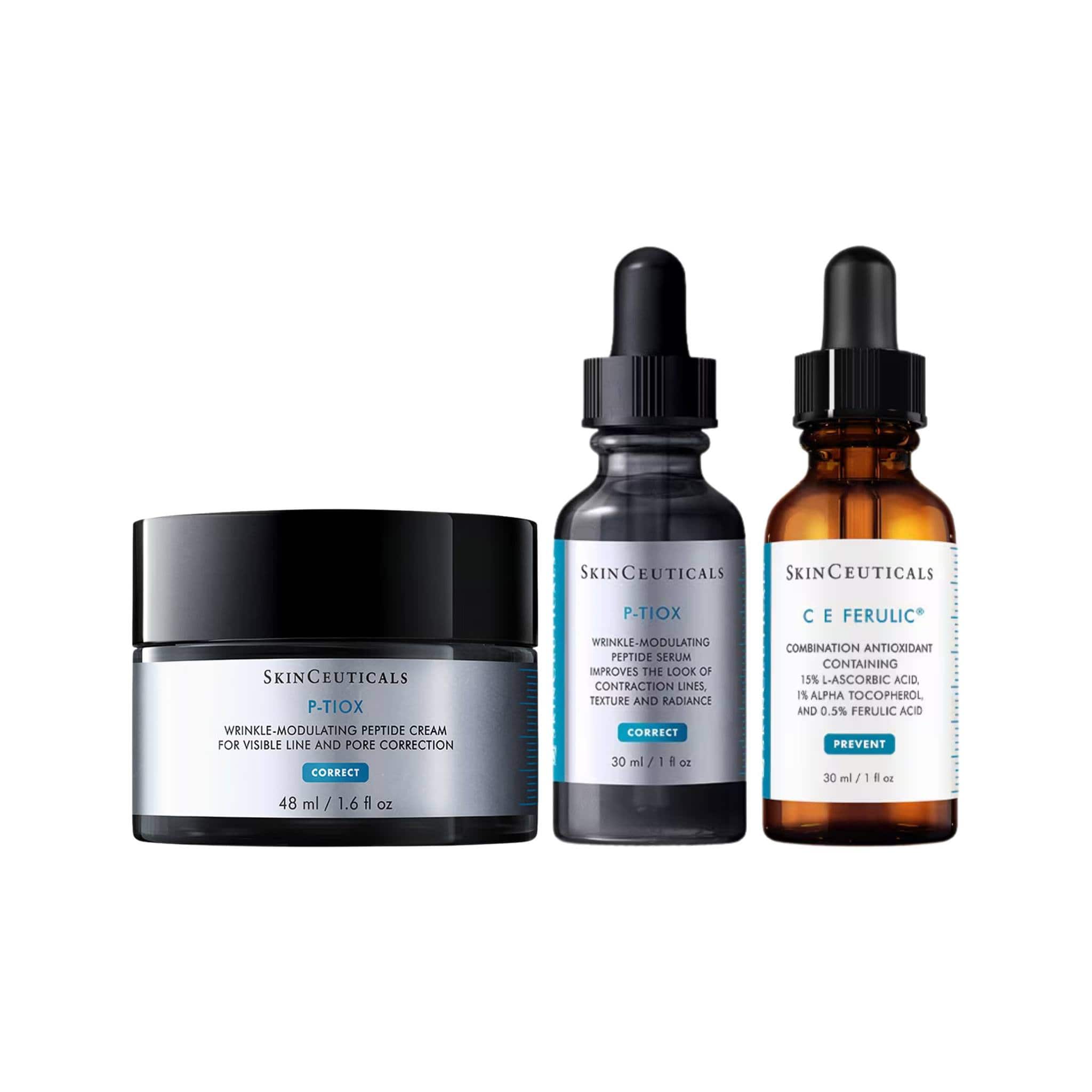 SkinCeuticals P-TIOX peptide cream P-TIOX serum and C E Ferulic antioxidant serum three-product anti-aging skincare set on white background