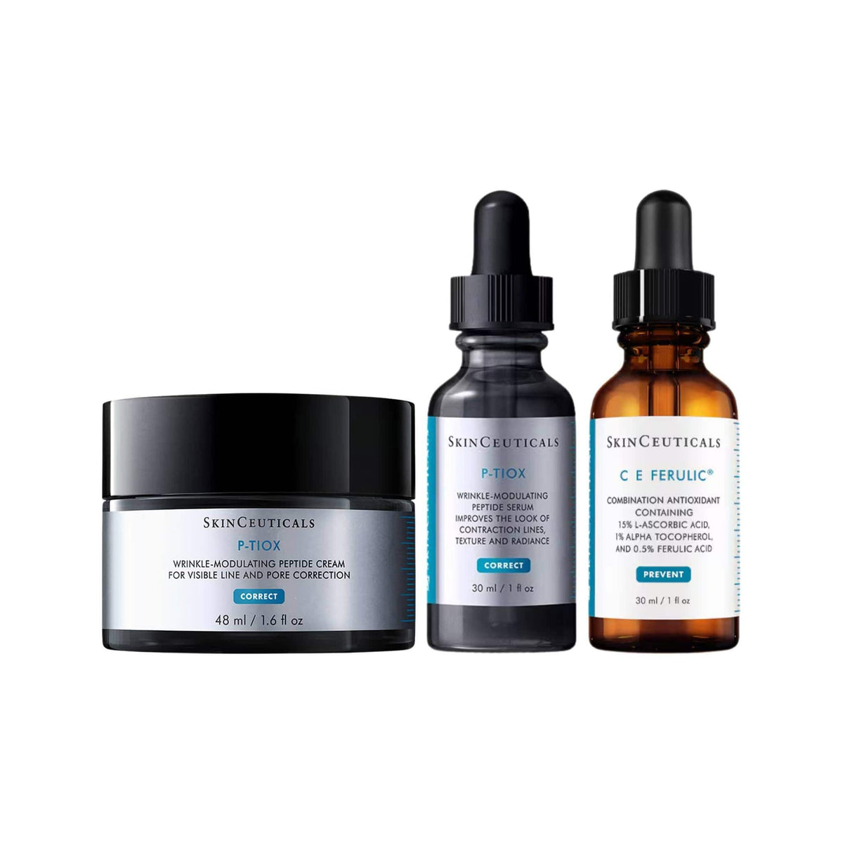 SkinCeuticals P-TIOX peptide cream P-TIOX serum and C E Ferulic antioxidant serum three-product anti-aging skincare set on white background