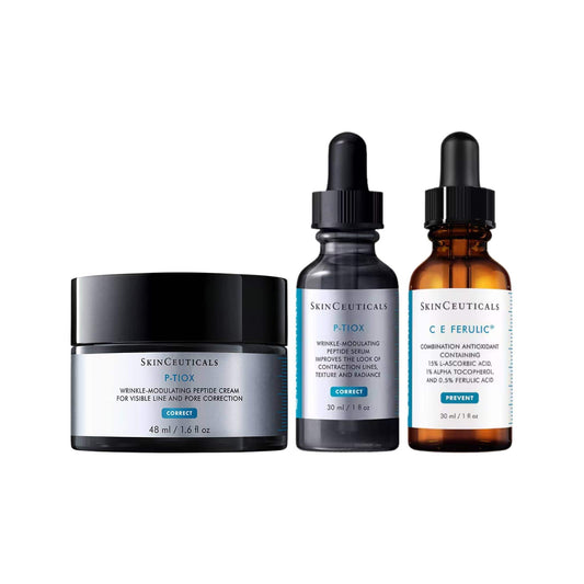 SkinCeuticals P-TIOX peptide cream P-TIOX serum and C E Ferulic antioxidant serum three-product anti-aging skincare set on white background