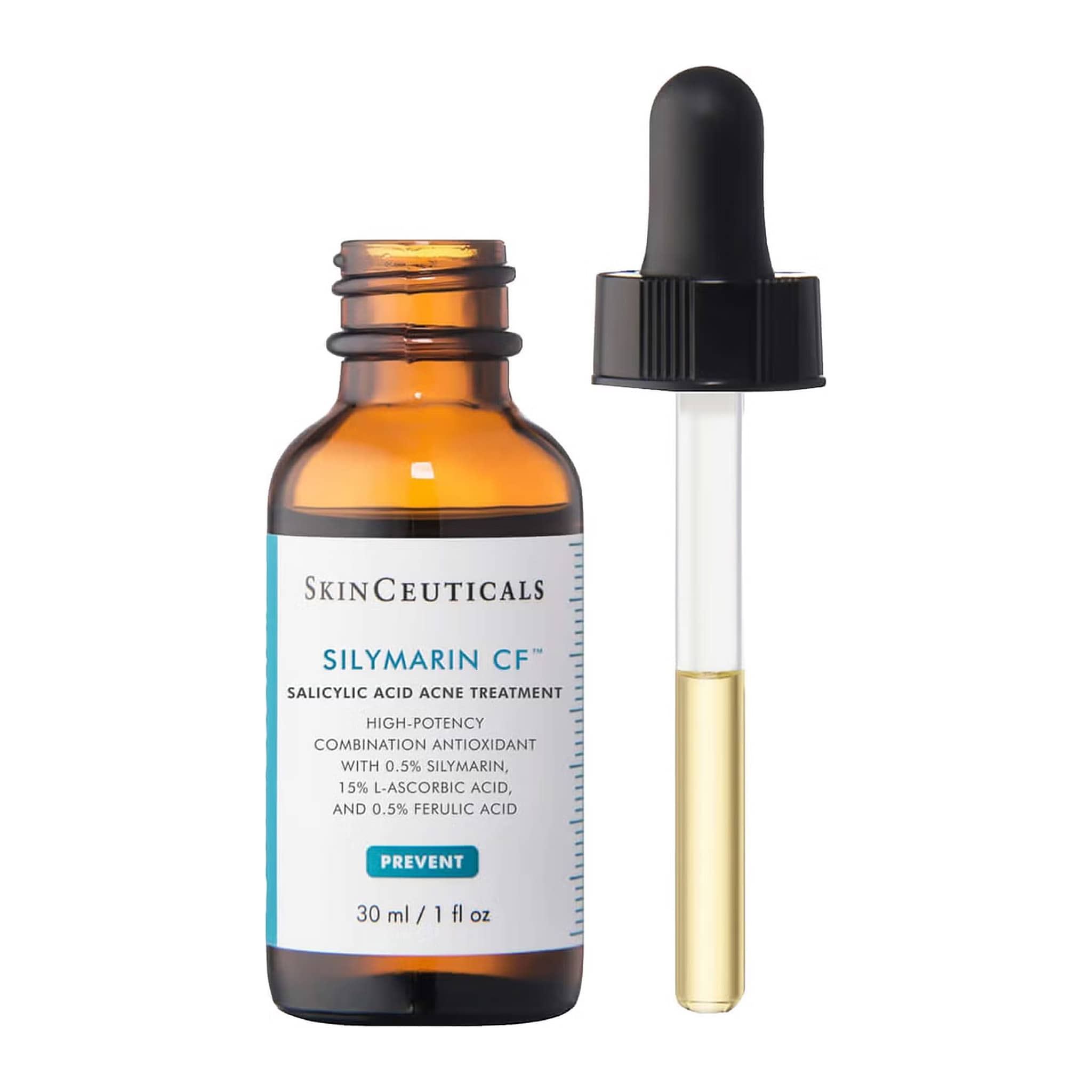 SkinCeuticals Silymarin CF salicylic acid acne treatment vitamin C serum 30 ml amber bottle with dropper