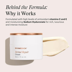 SkinMedica Dermal Repair Cream open jar showing rich cream texture on warm brown background with product benefits