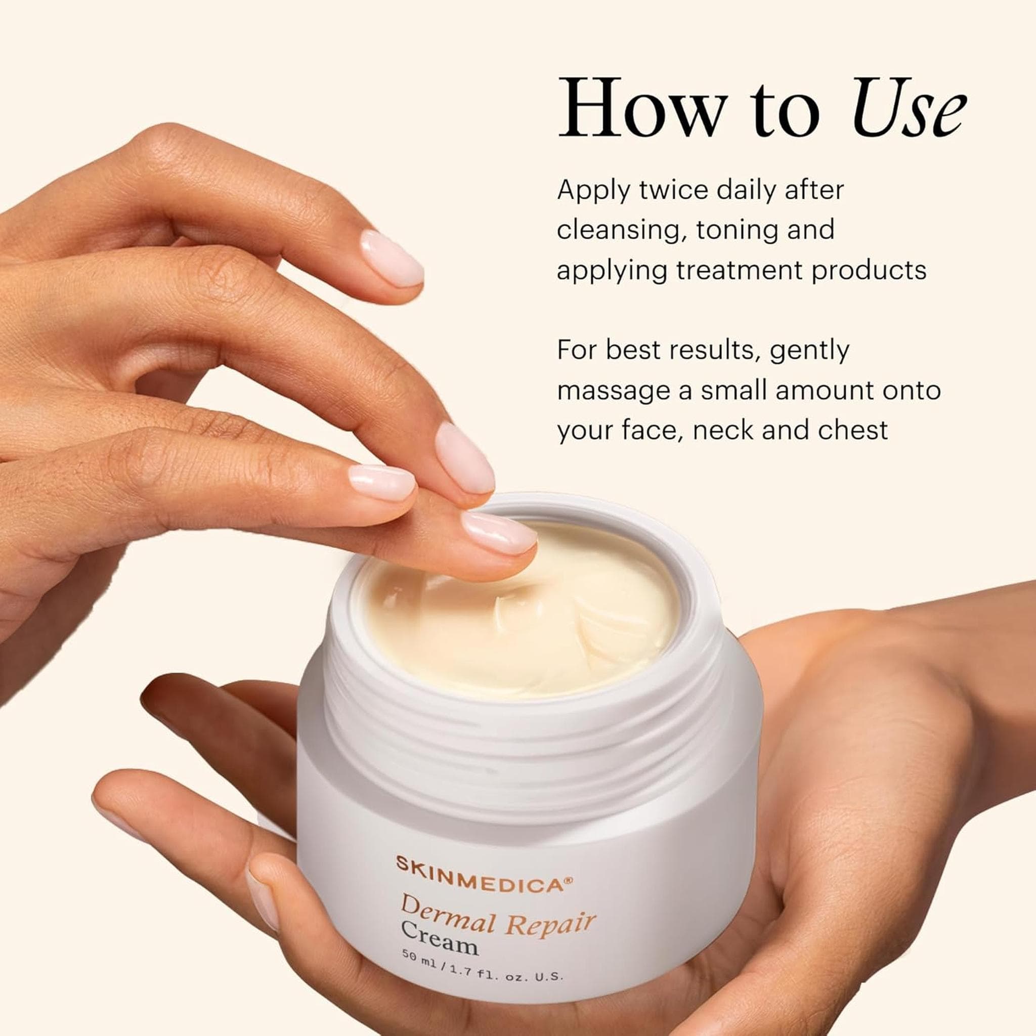 Hands applying SkinMedica Dermal Repair Cream from open jar showing moisturizer texture and application technique