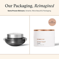SkinMedica Dermal Repair Cream new packaging comparison showing old black jar versus new white jar with rose gold lid