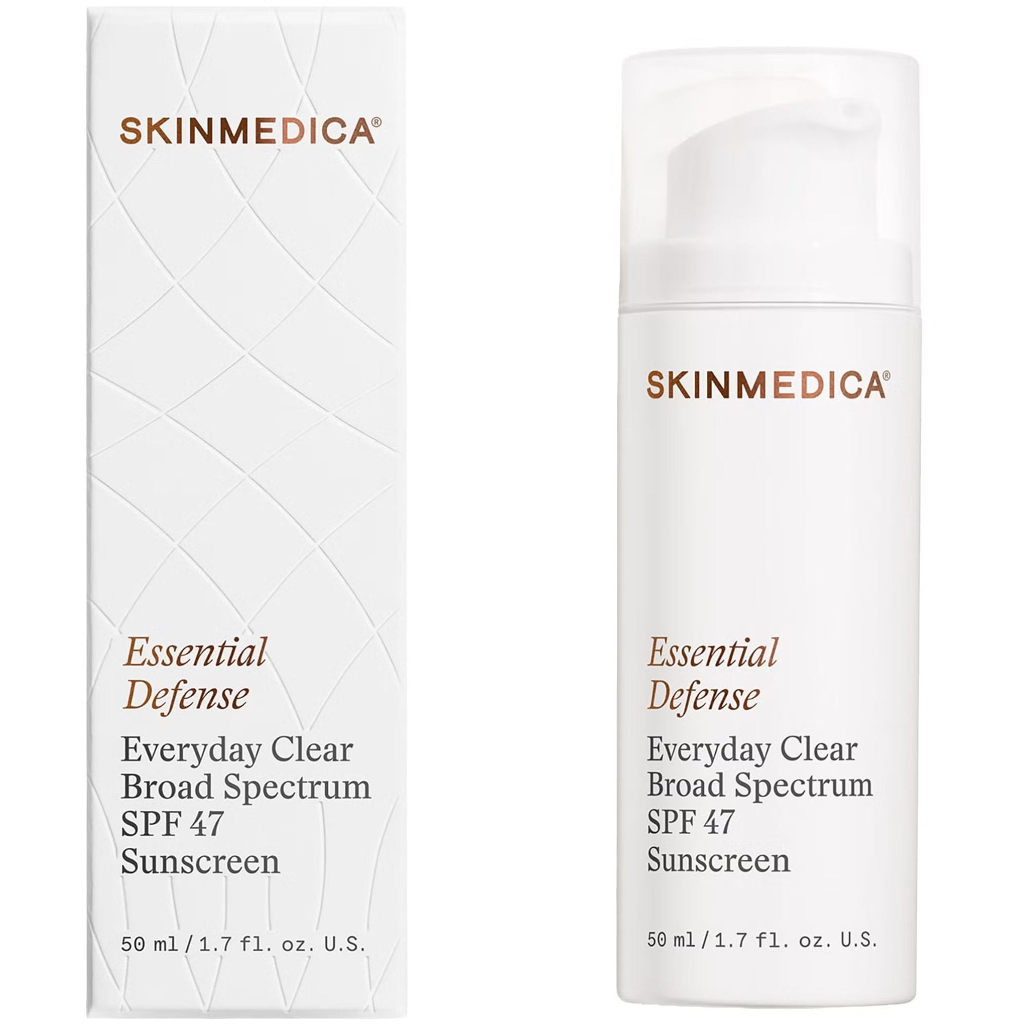SkinMedica Essential Defense Everyday Clear SPF 47 Sunscreen pump bottle with box packaging