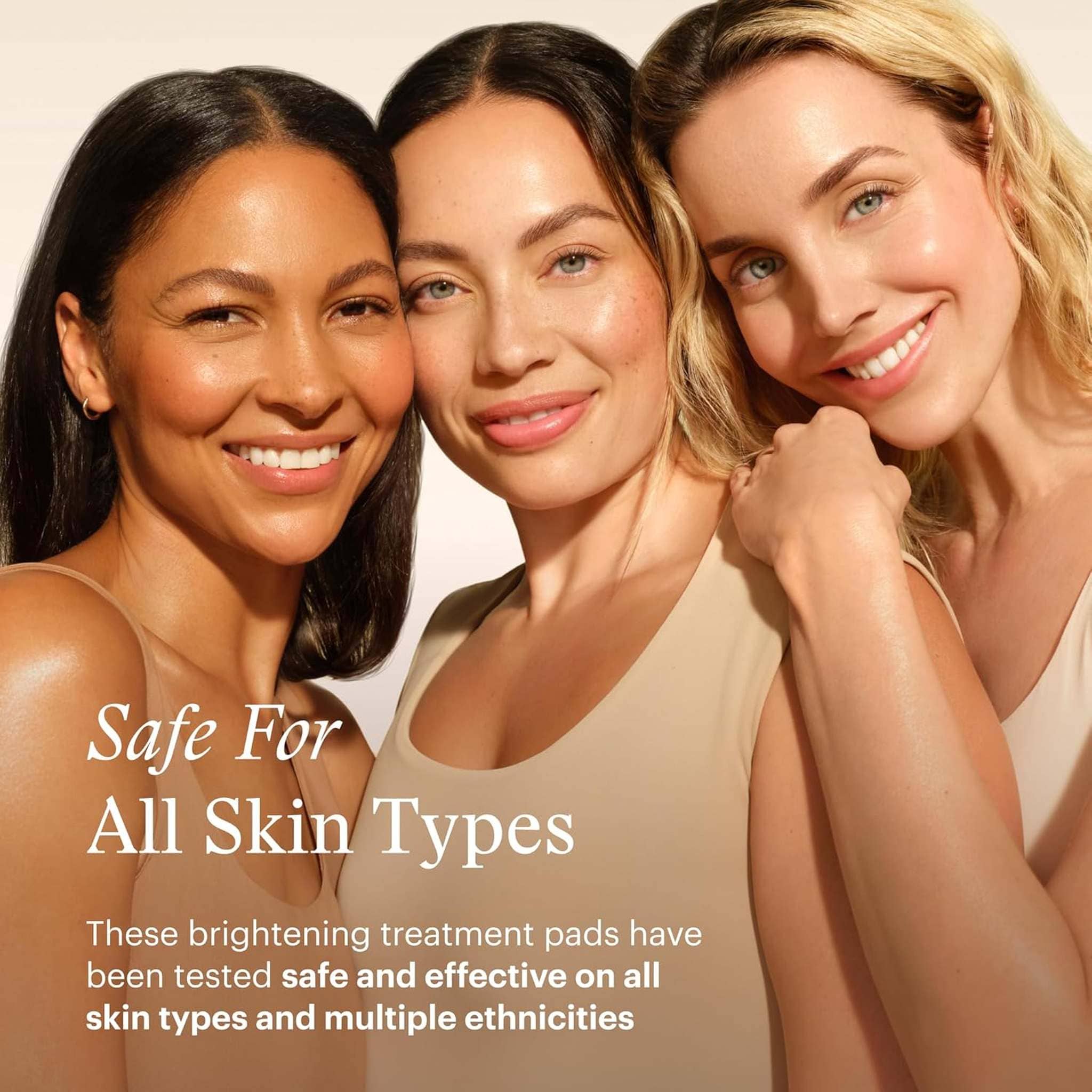 Three women with glowing skin showcasing SkinMedica Even & Correct Brightening Treatment Pads safe for all skin types and ethnicities