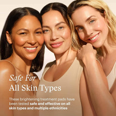 Three women with glowing skin showcasing SkinMedica Even & Correct Brightening Treatment Pads safe for all skin types and ethnicities