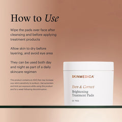 SkinMedica Even & Correct Brightening Treatment Pads 60-count jar with how-to-use instructions on warm brown background