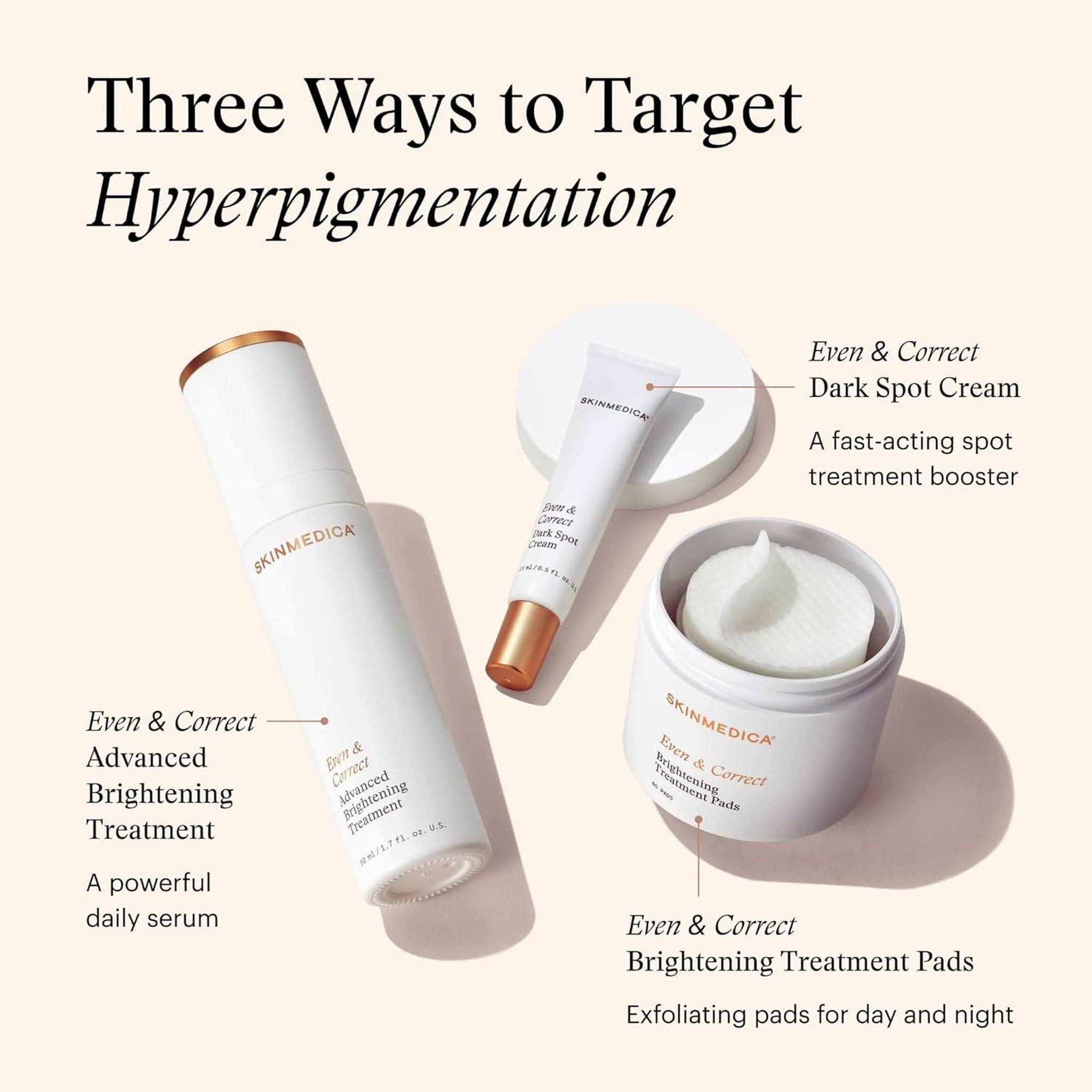 SkinMedica Even & Correct Advanced Brightening Treatment serum, Dark Spot Cream, and Brightening Treatment Pads for targeting hyperpigmentation