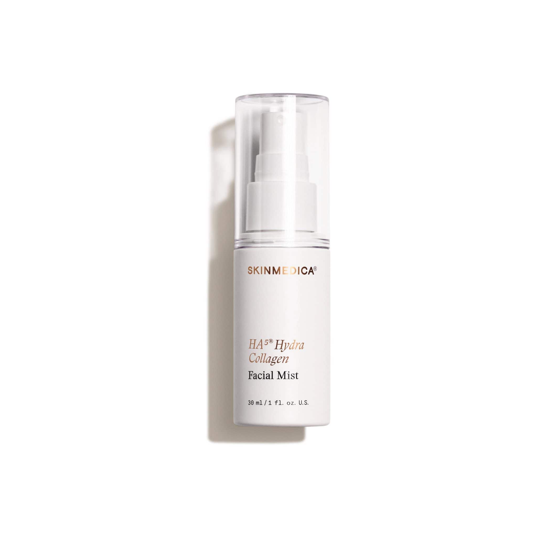 SkinMedica HA5 Hydra Collagen Facial Mist 30ml travel size pump bottle on white background