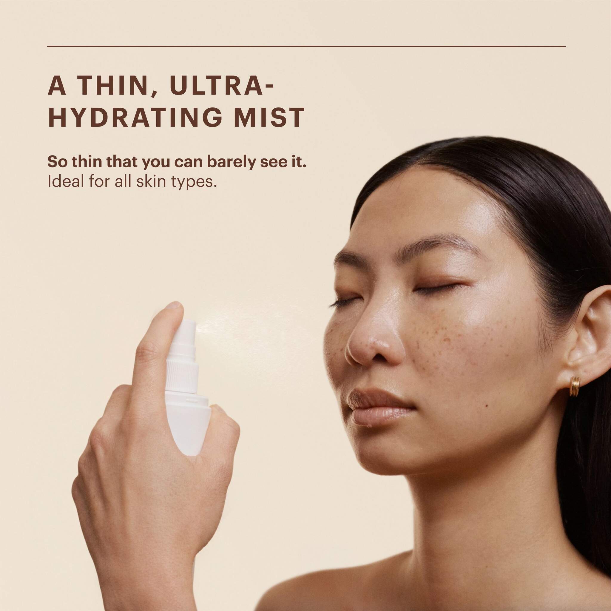 Woman spraying SkinMedica HA5 Hydra Collagen ultra-hydrating facial mist suitable for all skin types