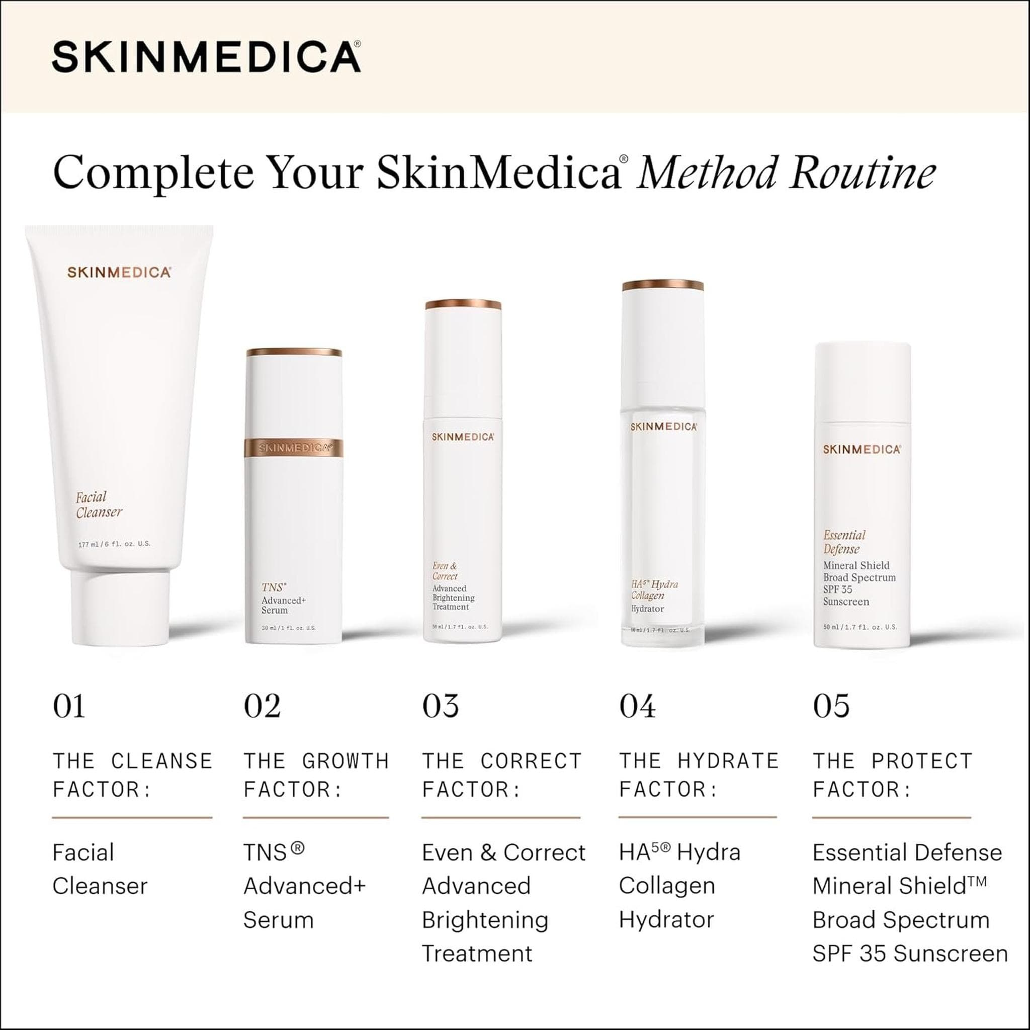 SkinMedica 5-step Method Routine with Facial Cleanser TNS Serum Even Correct Hydrator and SPF