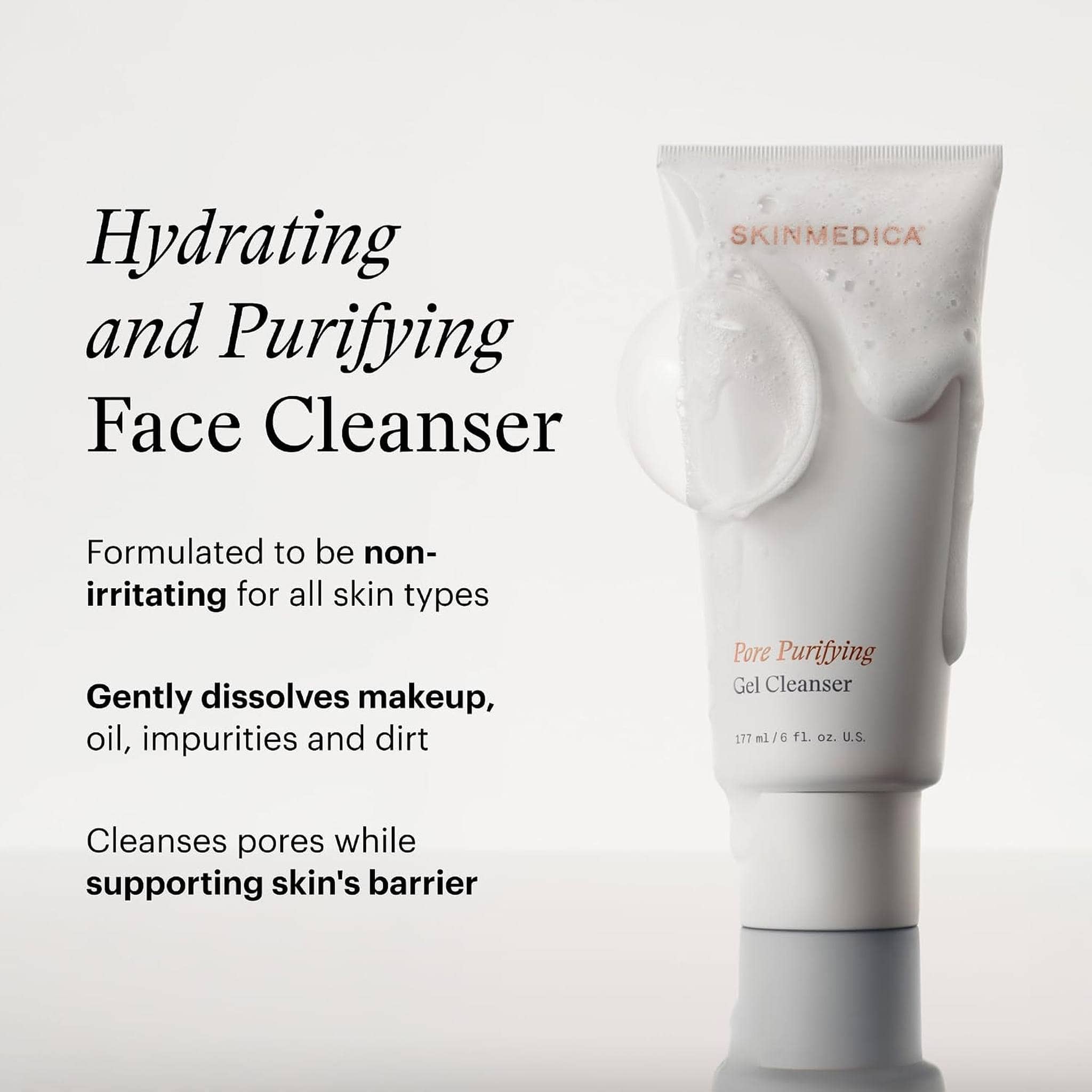 SkinMedica Pore Purifying Gel Cleanser tube with foam showing hydrating and purifying benefits for all skin types