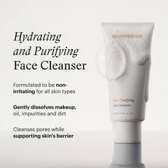 SkinMedica Pore Purifying Gel Cleanser tube with foam showing hydrating and purifying benefits for all skin types