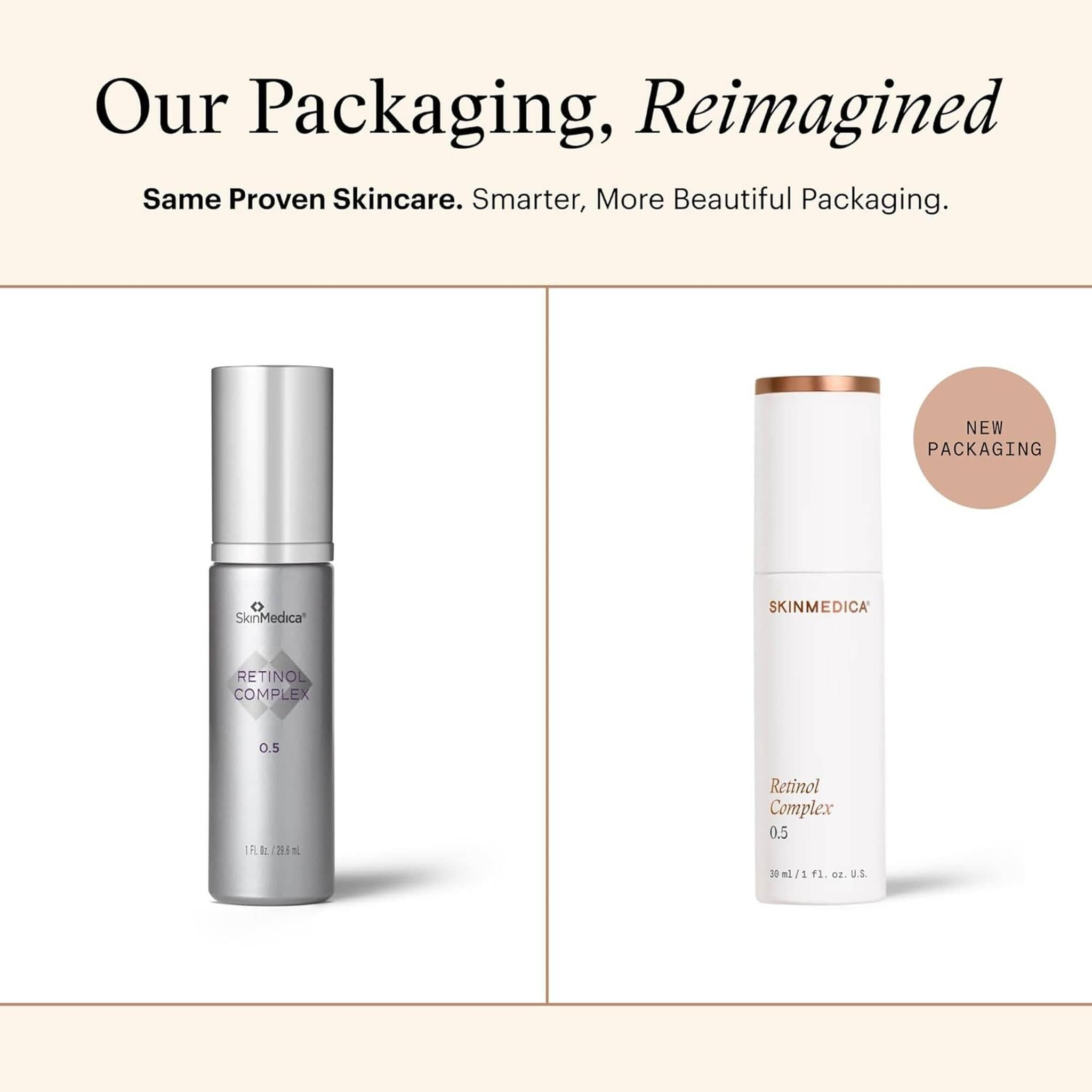 SkinMedica Retinol Complex 0.5 new white glass packaging compared to original silver bottle