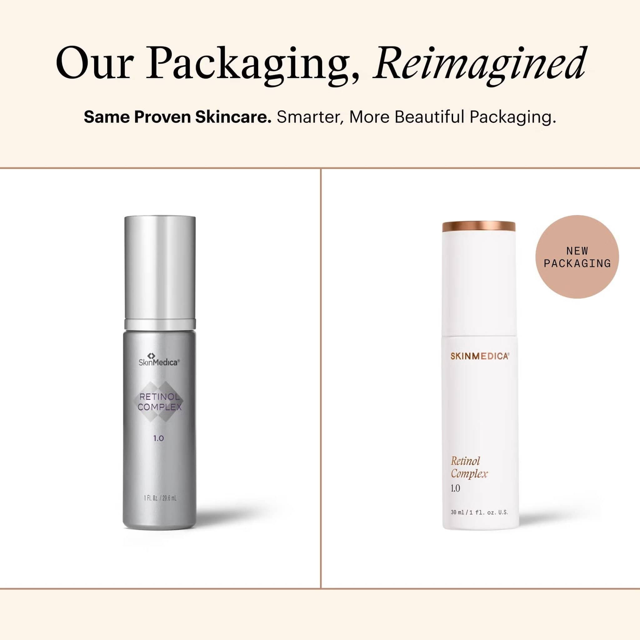 SkinMedica Retinol Complex 1.0 old silver packaging vs new white bottle with bronze cap side by side