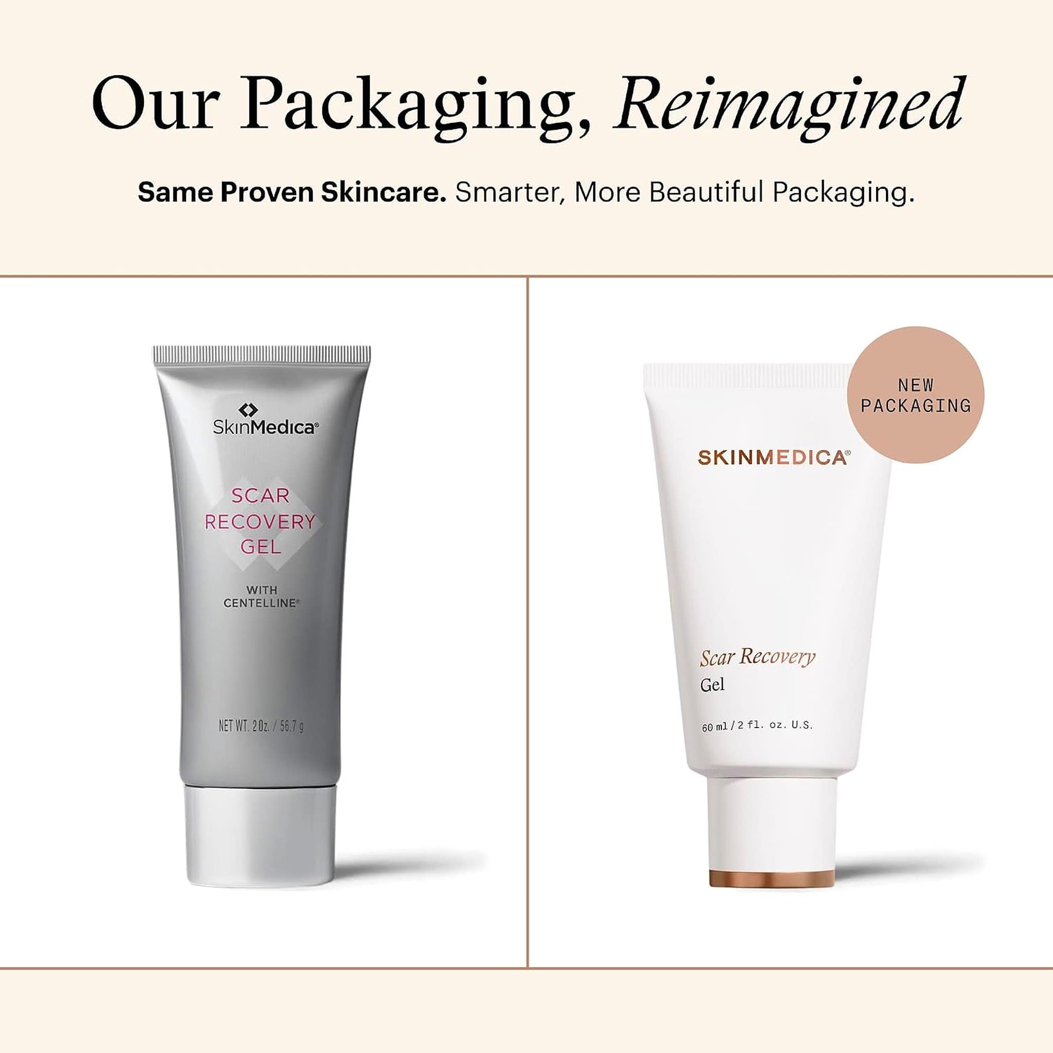 SkinMedica Scar Recovery Gel old silver tube beside the new white and bronze packaging