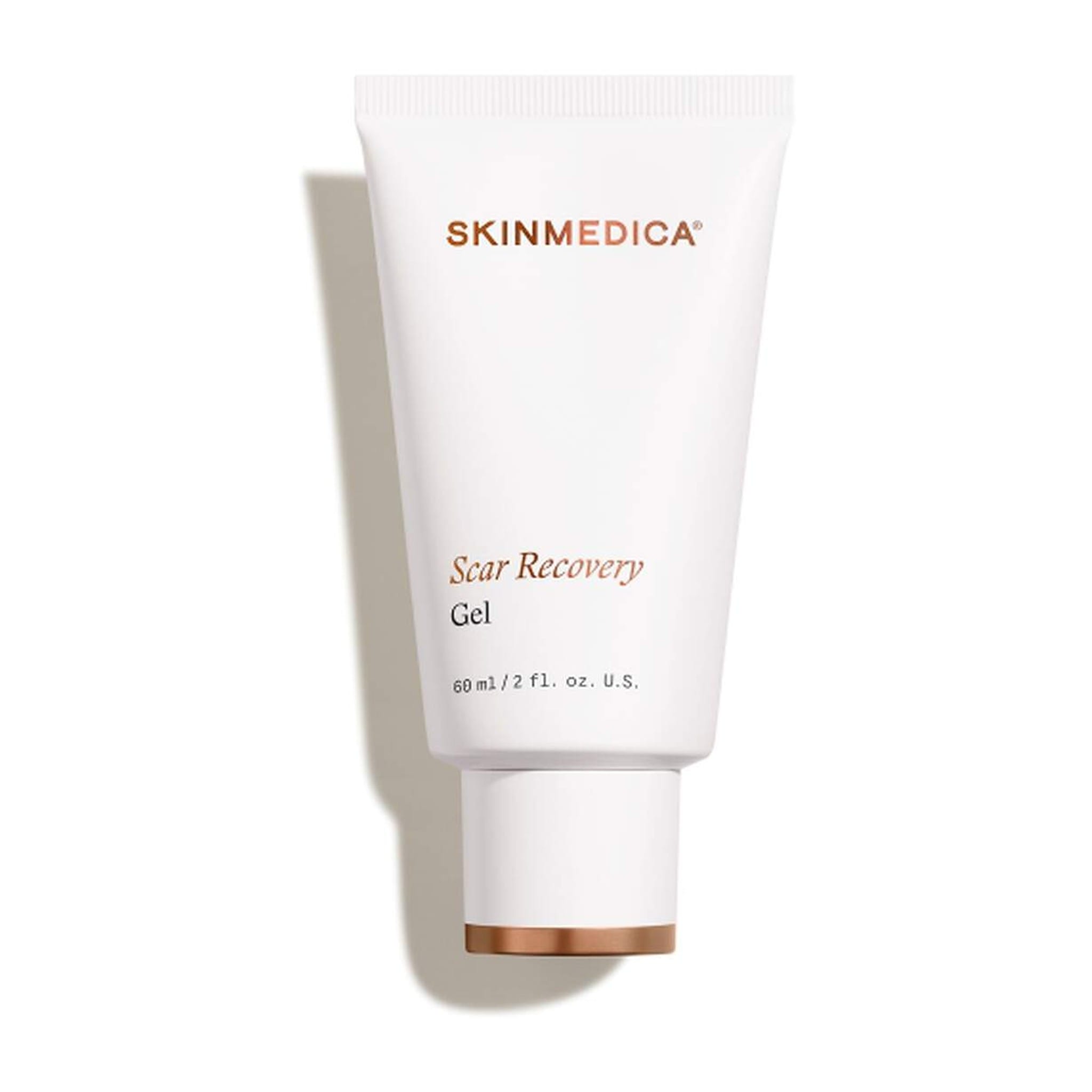 SkinMedica Scar Recovery Gel white tube with bronze cap on a white background