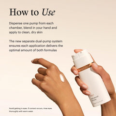 SkinMedica TNS Advanced+ Serum dual pump application instructions dispensed on hand