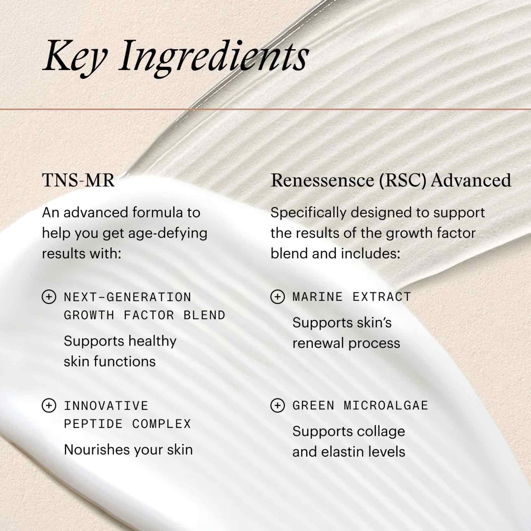 SkinMedica TNS Advanced+ Serum key ingredients TNS-MR growth factor blend and RSC Advanced marine extract