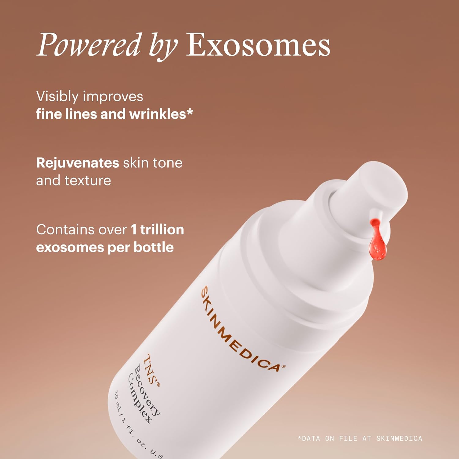 SkinMedica serum bottle with text about exosomes on a brown background