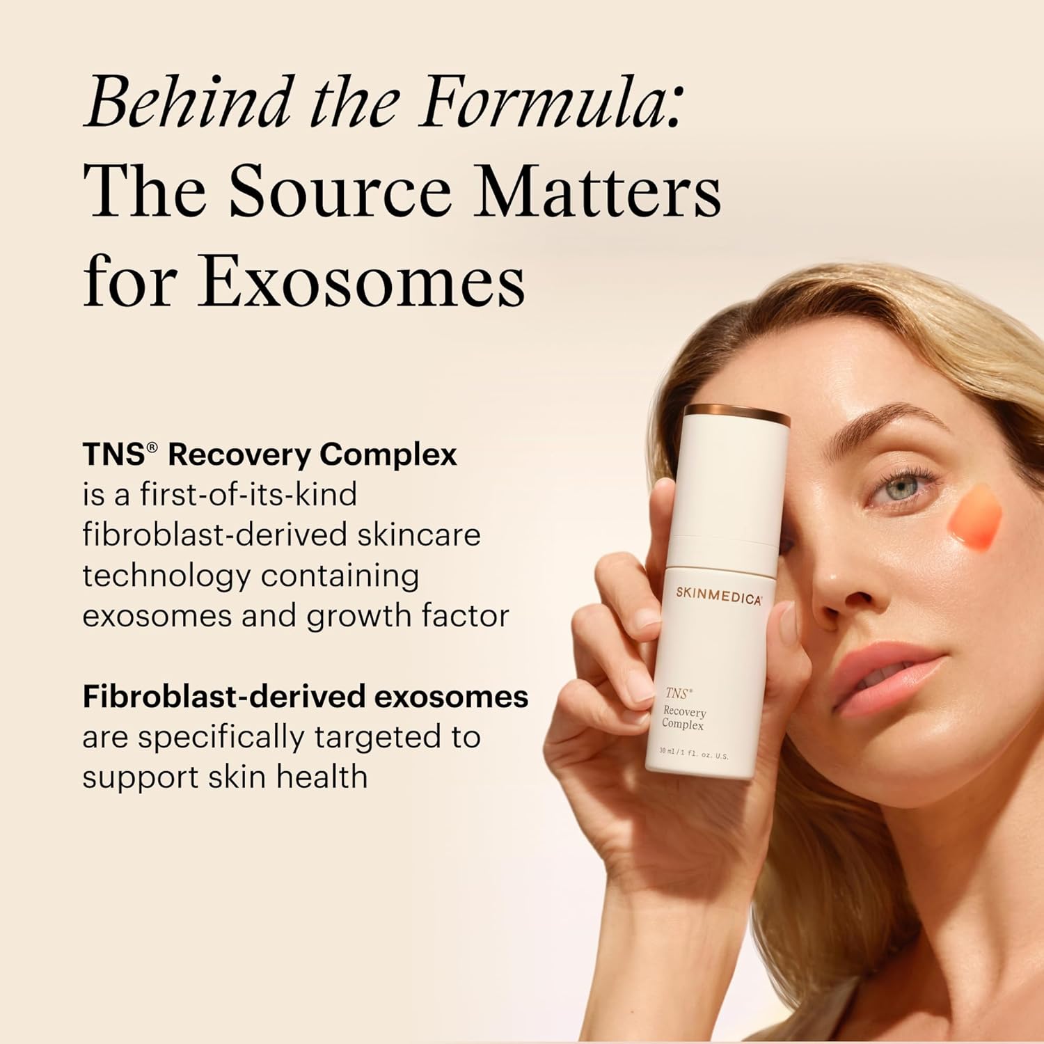 Woman holding a skincare product with text about TNS Recovery Complex and exosomes.