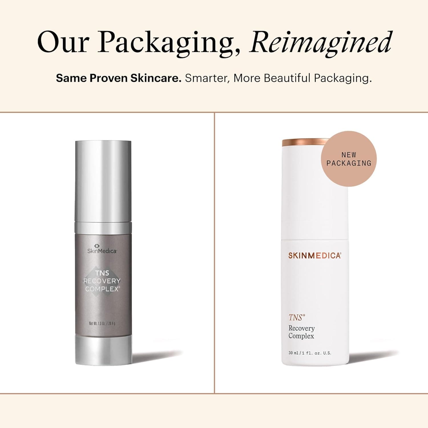 SKINMEDICA TNS Recovery Complex with new packaging on a beige background