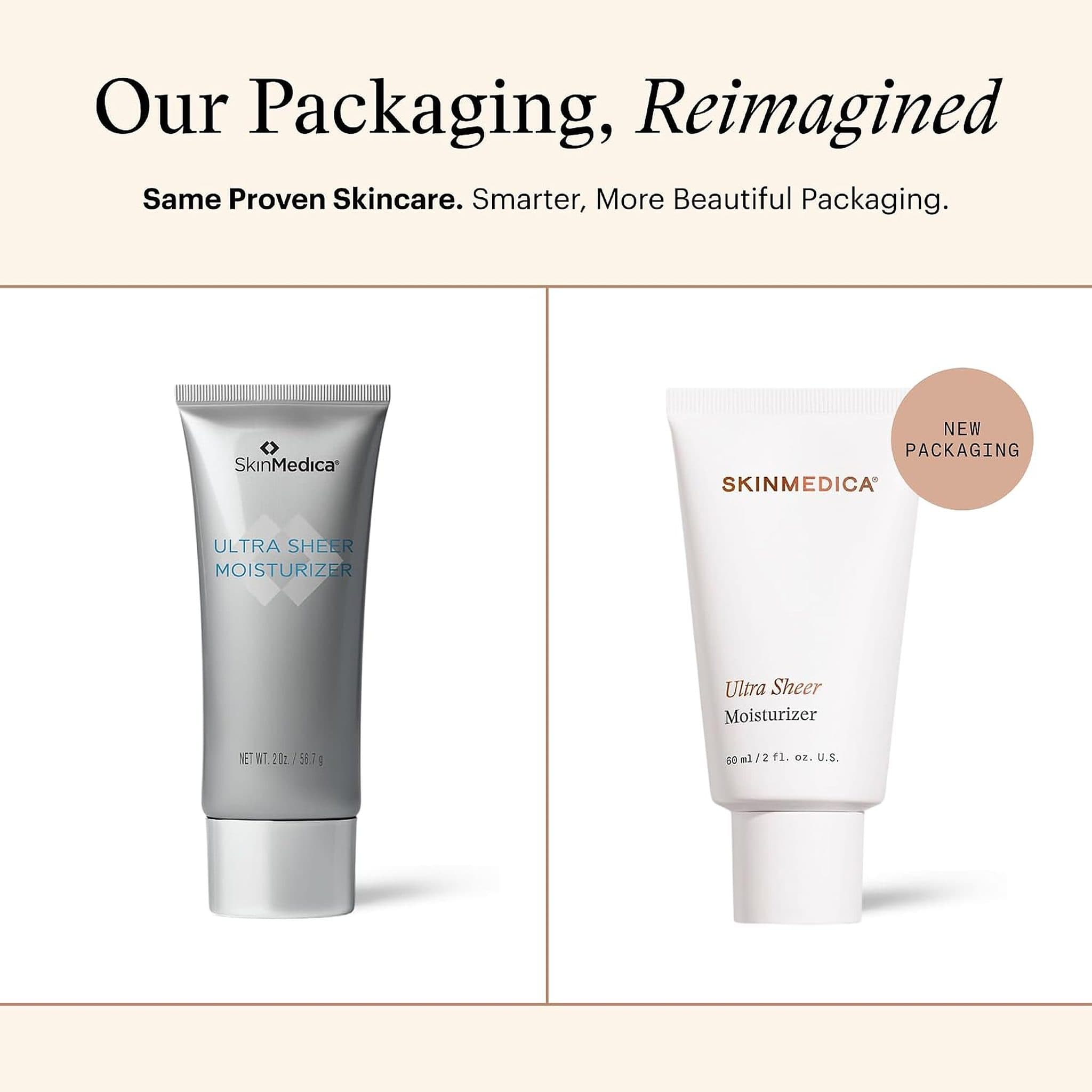 SkinMedica Ultra Sheer Moisturizer old silver tube next to new white packaging