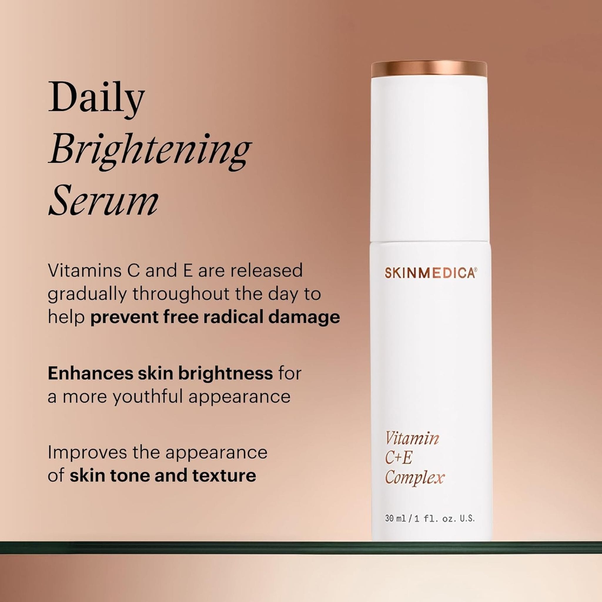 SkinMedica Vitamin C+E Complex daily brightening serum bottle with antioxidant benefits