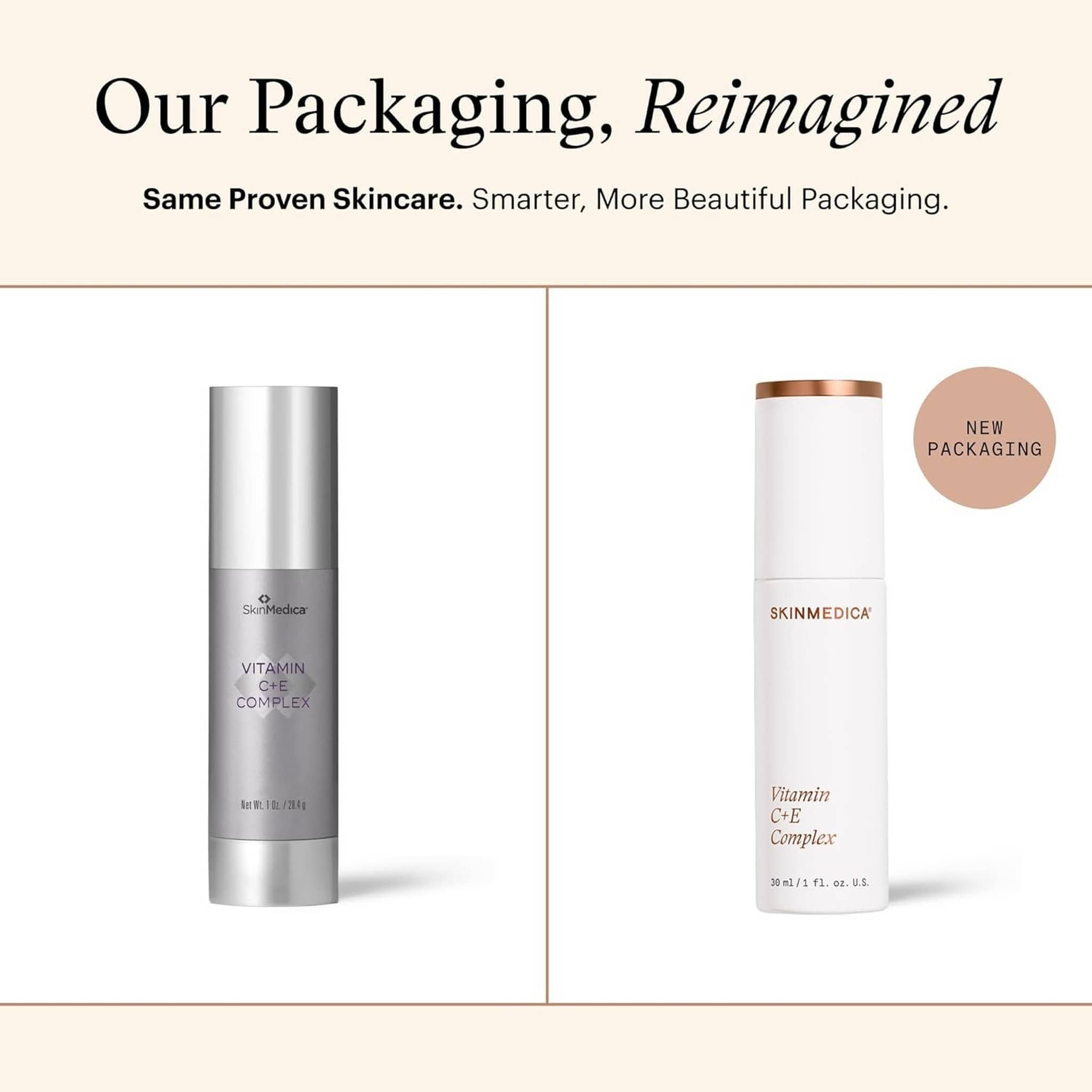 SkinMedica Vitamin C+E Complex old silver bottle next to new white and rose gold packaging