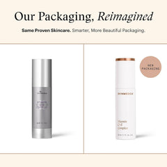 SkinMedica Vitamin C+E Complex old silver bottle next to new white and rose gold packaging