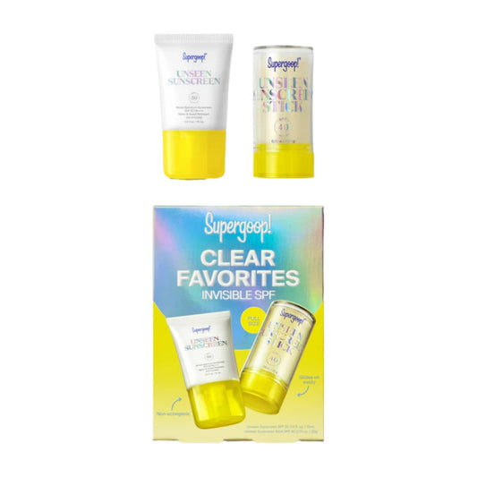 Supergoop Clear Favorites Invisible SPF kit with sunscreen and stick