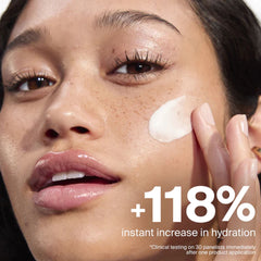 Applying Supergoop Dew Screen for a 118 percent instant increase in skin hydration