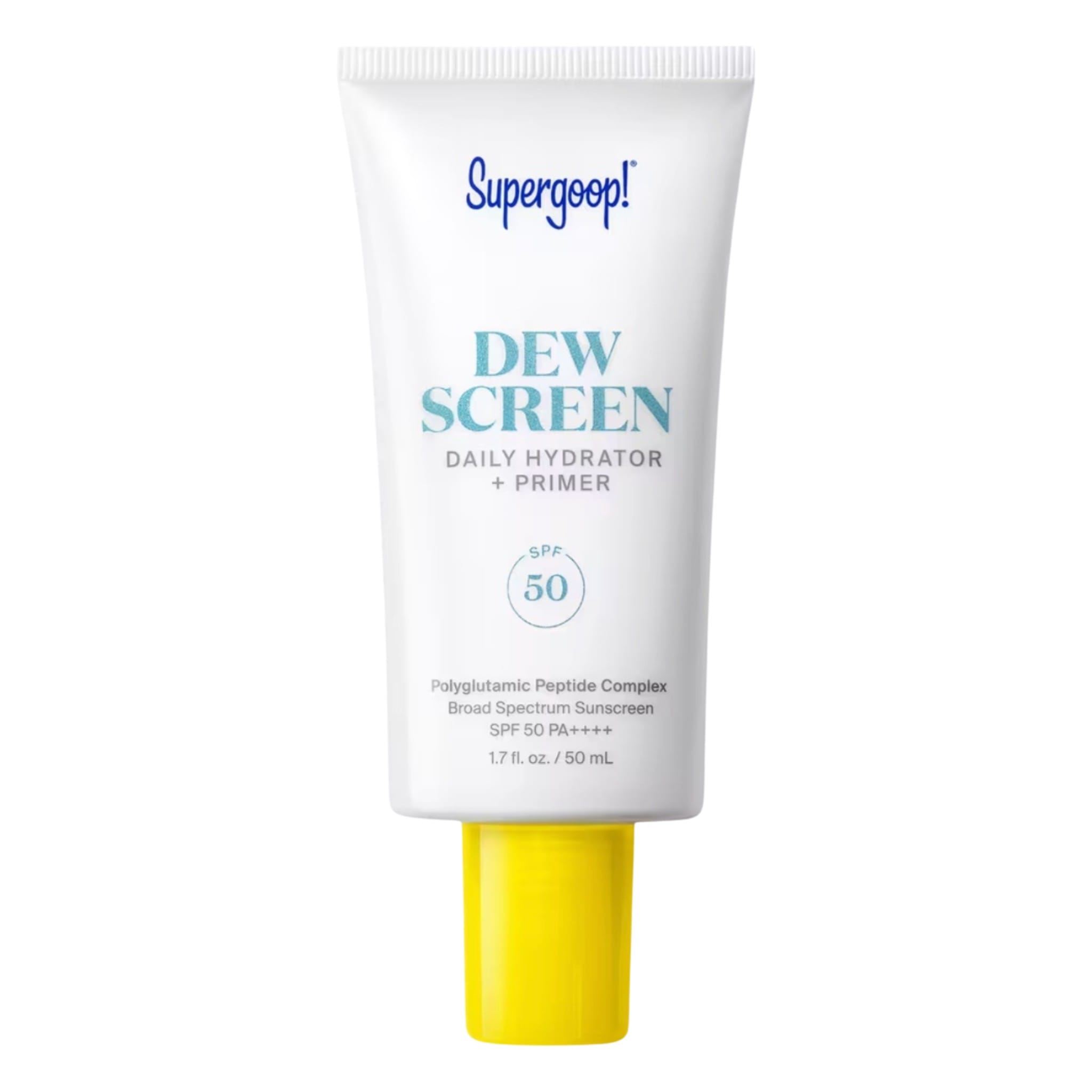 Supergoop Dew Screen Daily Hydrator and Primer SPF 50 tube on a white background