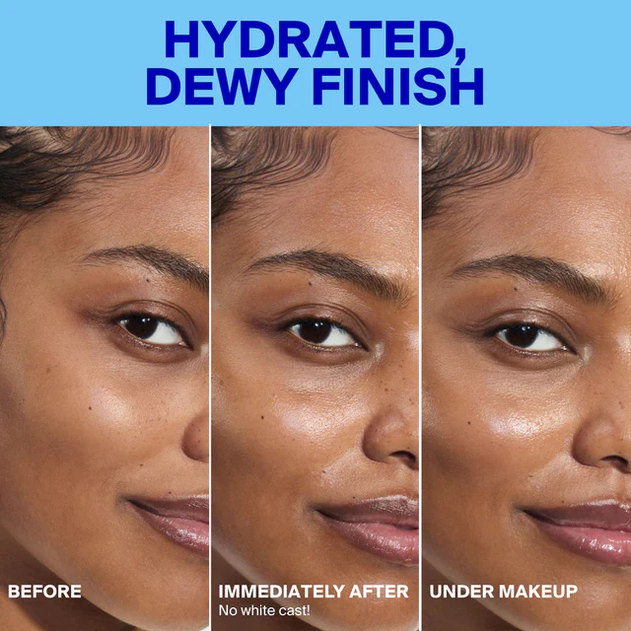 Before immediately after and under makeup results using Supergoop Dew Screen for a dewy finish