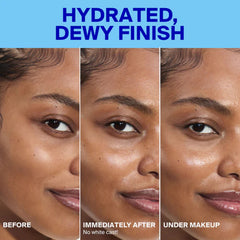 Before immediately after and under makeup results using Supergoop Dew Screen for a dewy finish