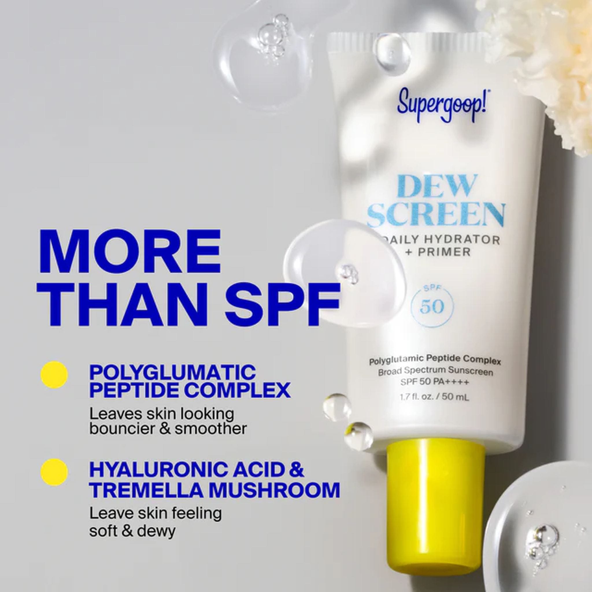 Supergoop Dew Screen ingredients polyglutamic peptide complex hyaluronic acid and tremella mushroom