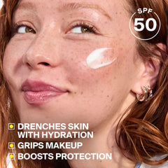 Applying Supergoop Dew Screen SPF 50 to drench skin with hydration and grip makeup