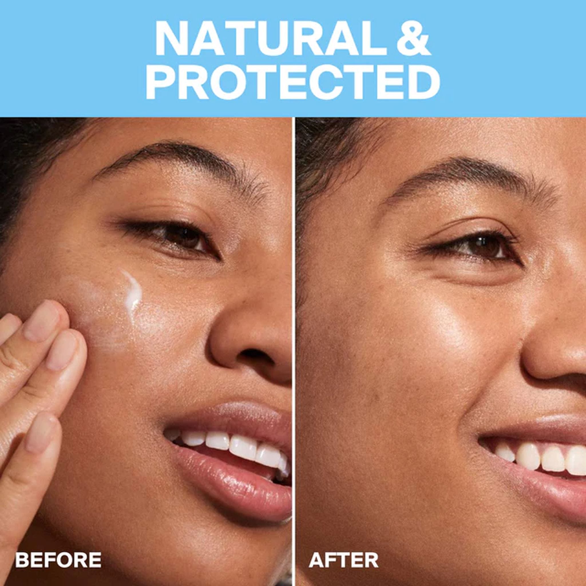 Before and after applying Supergoop Every Single Face Watery Lotion for natural protected skin