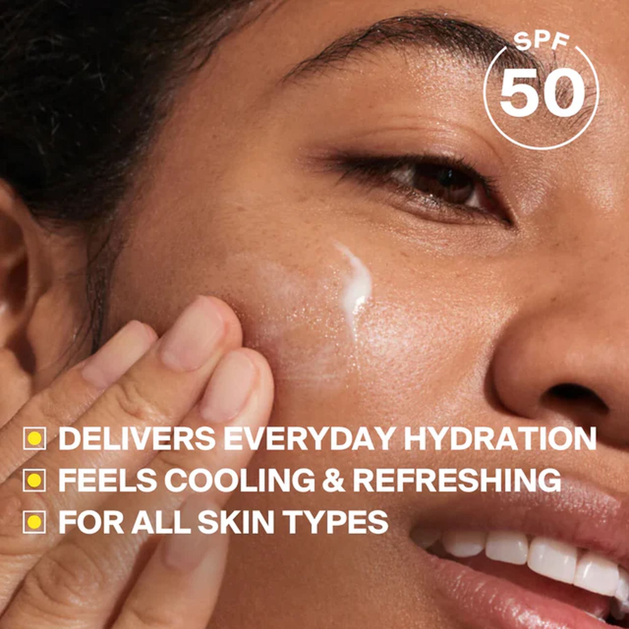 Applying Supergoop Every Single Face Watery Lotion SPF 50 for cooling hydration and refreshing skin